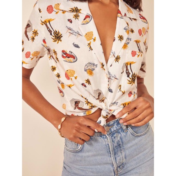 Reformation Tops - Reformation 100% Linen Lobster Print Holiday Shirt